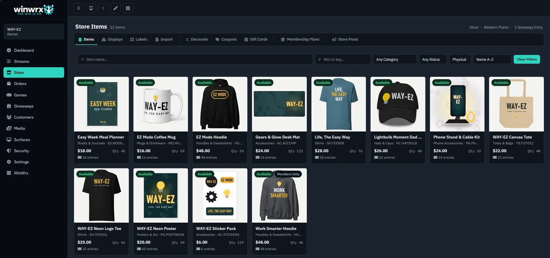 The winwrx admin: WAY-EZ's store items, each with its price, stock and the entries it earns