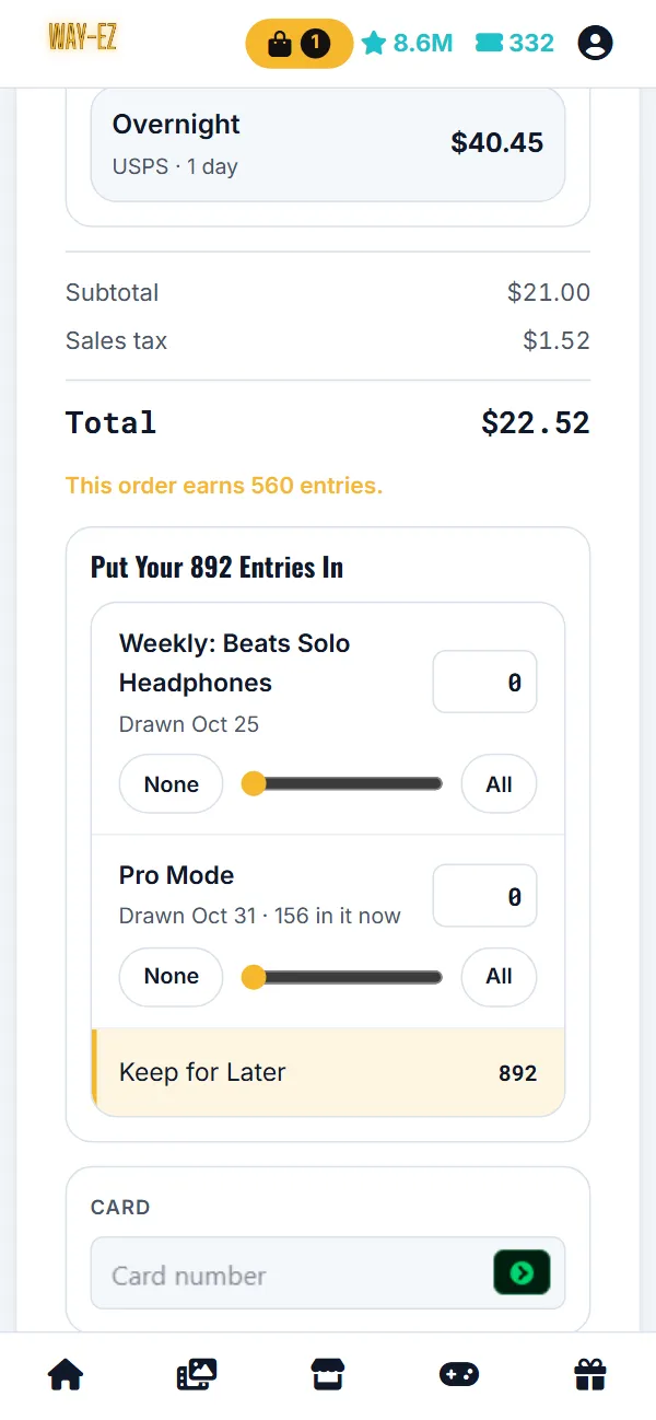 WAY-EZ in the app: checkout, with the entries the order earns and where to put them