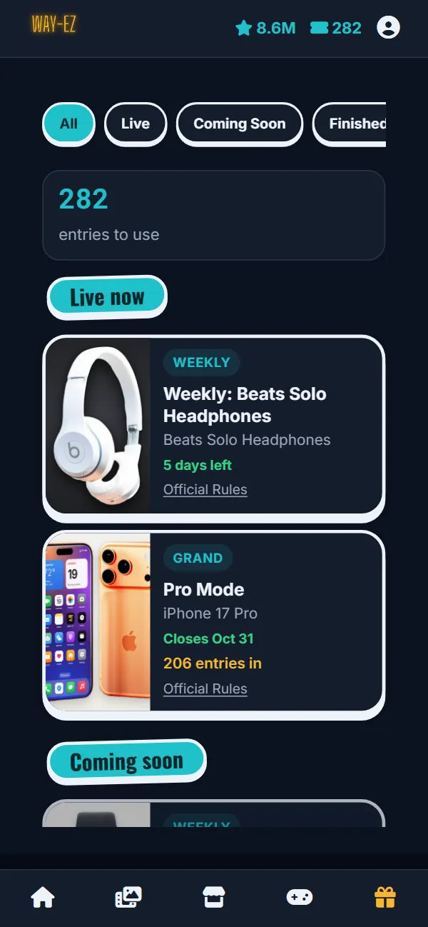 The Giveaways tab in the WAY-EZ app: entries to use, live and coming-soon drawings