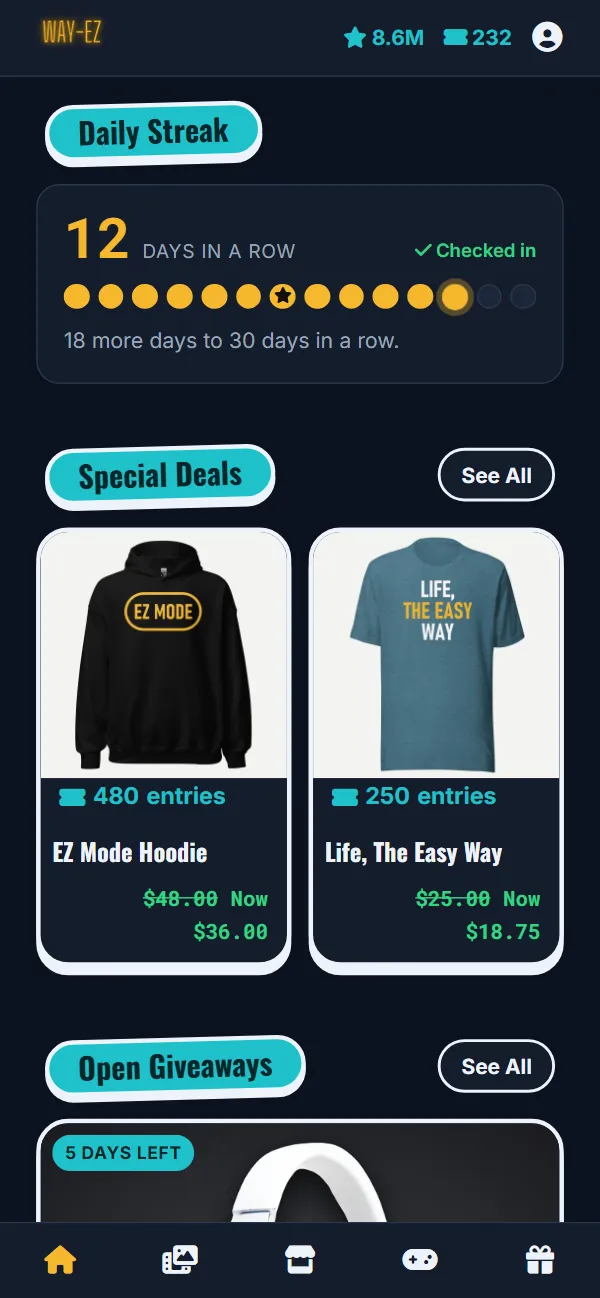 The winwrx app: WAY-EZ's home screen, a check-in streak and the special deals