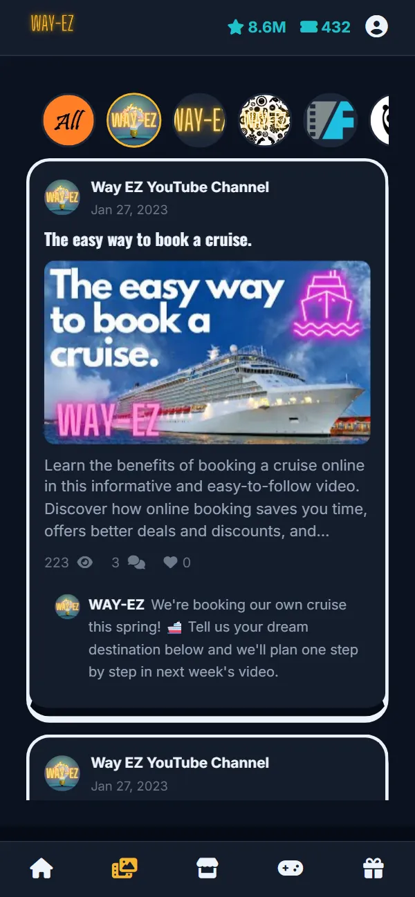 The Streams tab in the WAY-EZ app: a synced YouTube video with WAY-EZ's own comment under it
