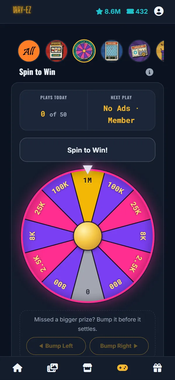 Spin to Win in the WAY-EZ app: the prize wheel, the day's plays and No Ads for members