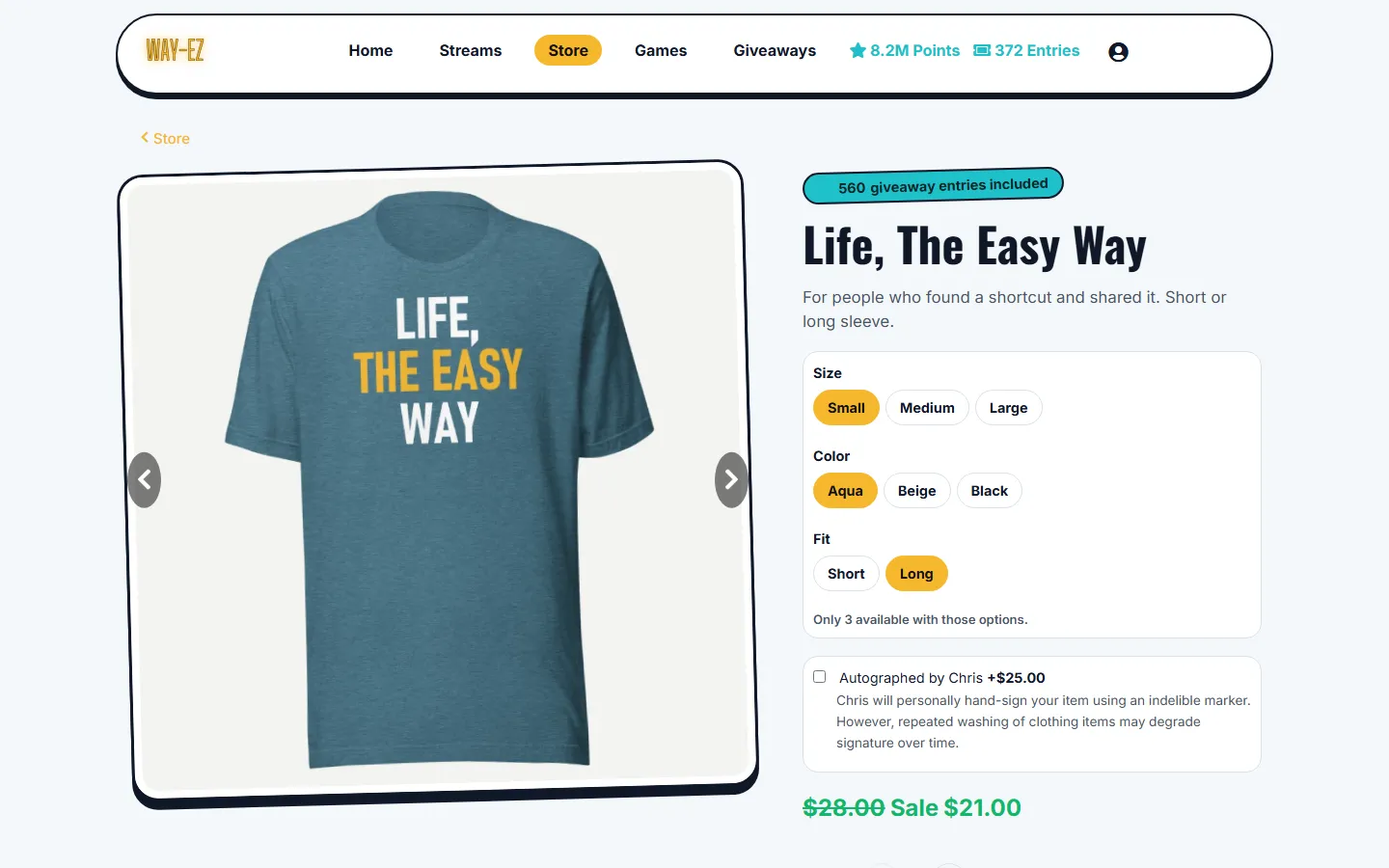 WAY-EZ's website: a product with the entries it earns