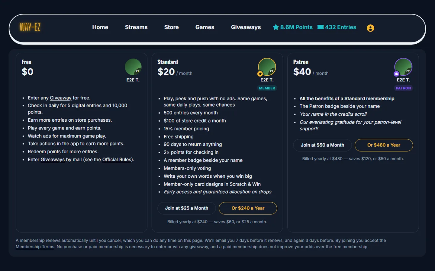 WAY-EZ's membership levels: Free, Standard and Patron, with what each one includes